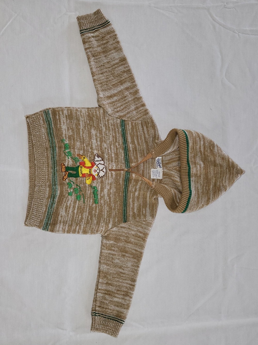 Vintage Little Angel Striped Hooded Knit Pullover in Beige and Green.